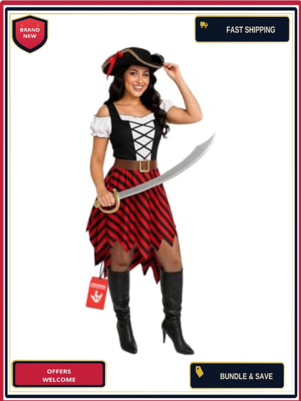 Women's Pirate Costume Dress with Hat and Belt Halloween Cosplay Outfit